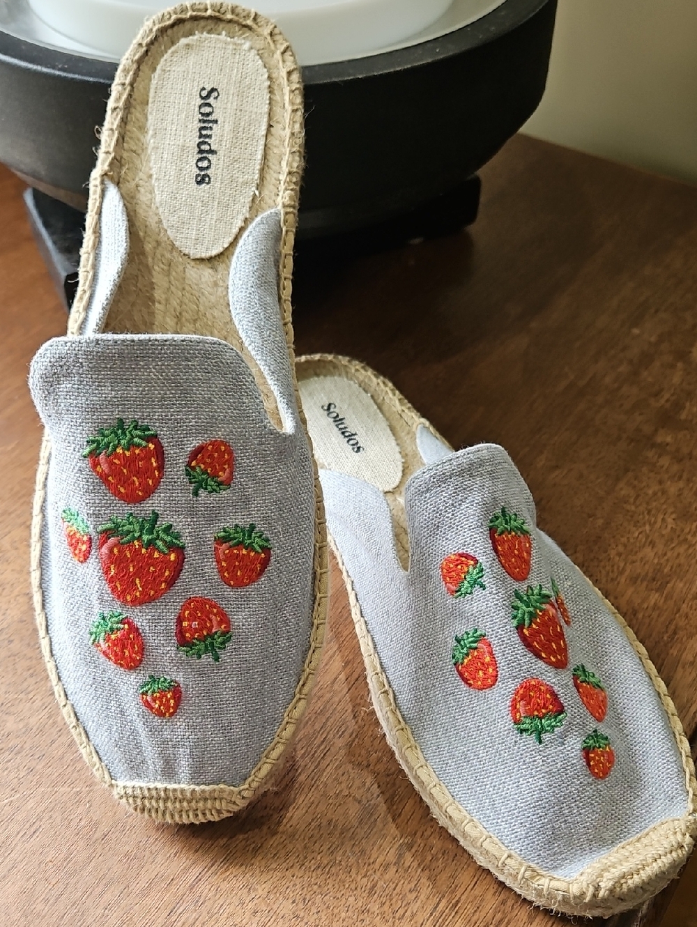 Soludos Gray Canvas Strawberry Espadrille Mules